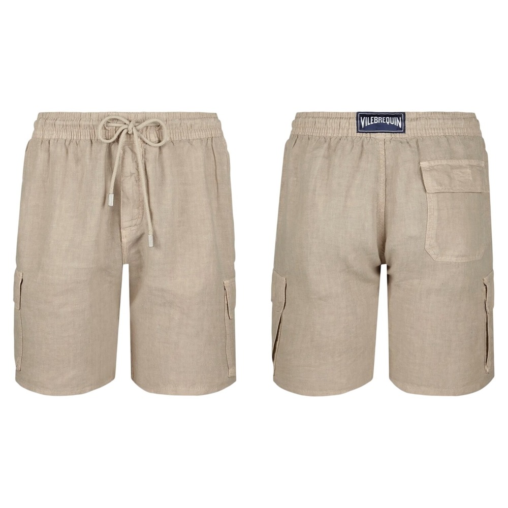 Vilebrequin Mens Linen Cargo Shorts Beige Sand Elastic Waist Drawstring Size L